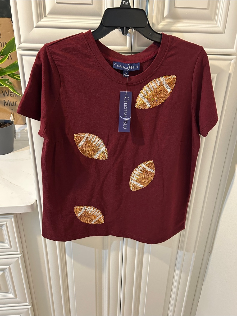 Women's Maroon Short-Sleeve Sequin Football Tee